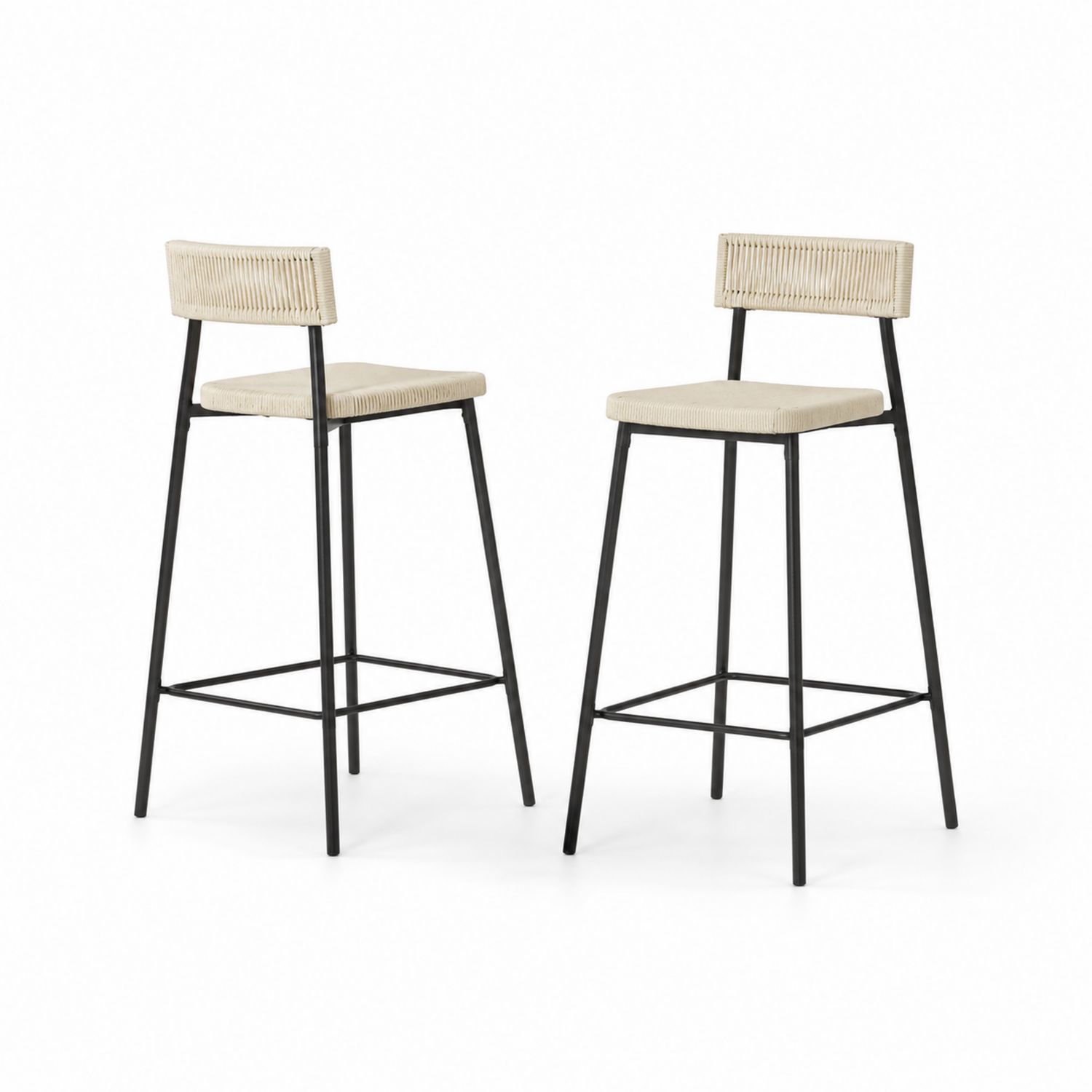 Juego de 2 taburetes de bar con estructura de metal negro y asientos de cuerda beige-Zentrivoniel