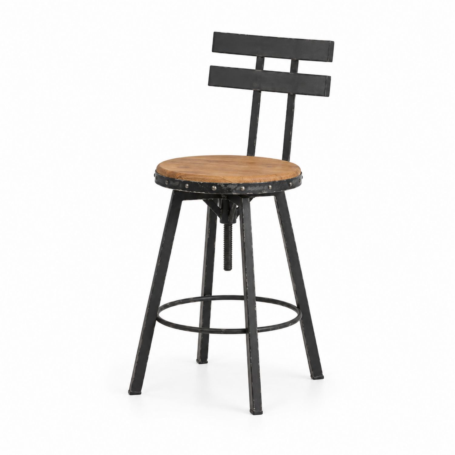 Taburete de Madera Maciza y Metal Negro Giratorio y Ajustable-Zentrivoniel