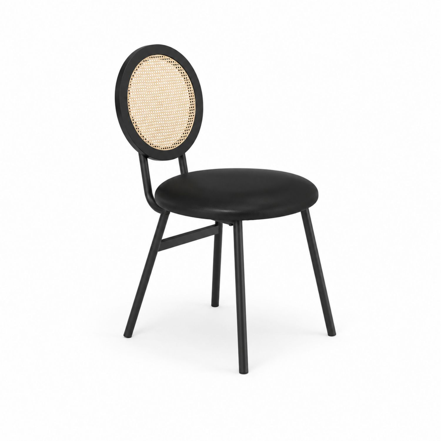 Silla de metal con respaldo de ratán y asiento de polipiel negra-Zentrivoniel
