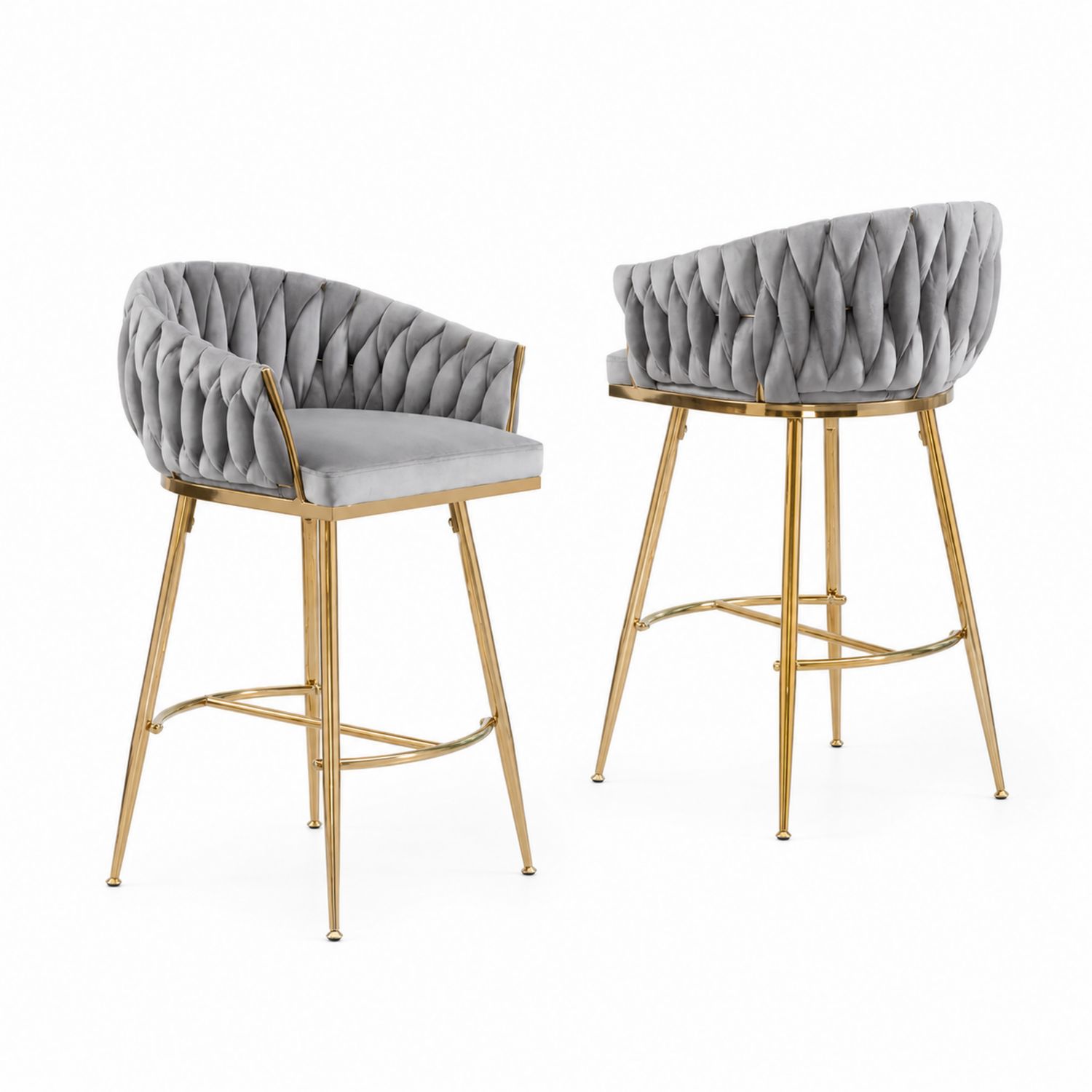 Juego de 2 taburetes de bar de terciopelo gris con patas de acero dorado-Zentrivoniel
