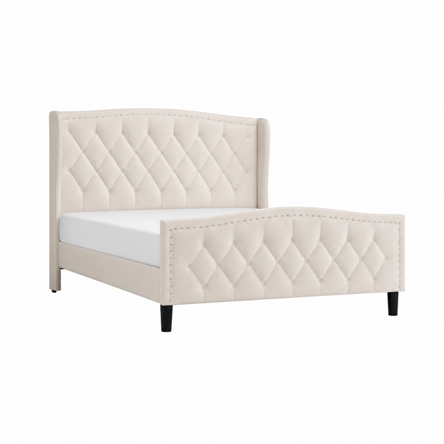 Cama matrimonial tapizada en beige con estructura de madera-Zentrivoniel