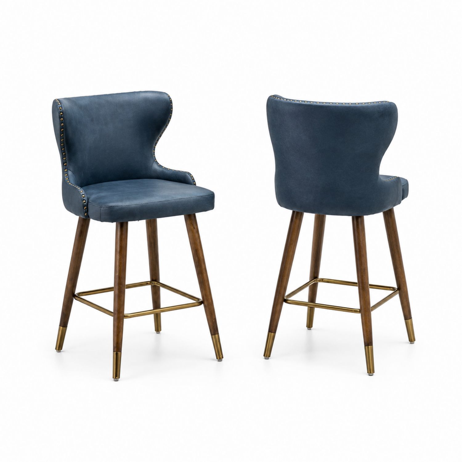 Taburete de Bar de Terciopelo Azul con Patas de Madera y Detalles de Metal-Zentrivoniel