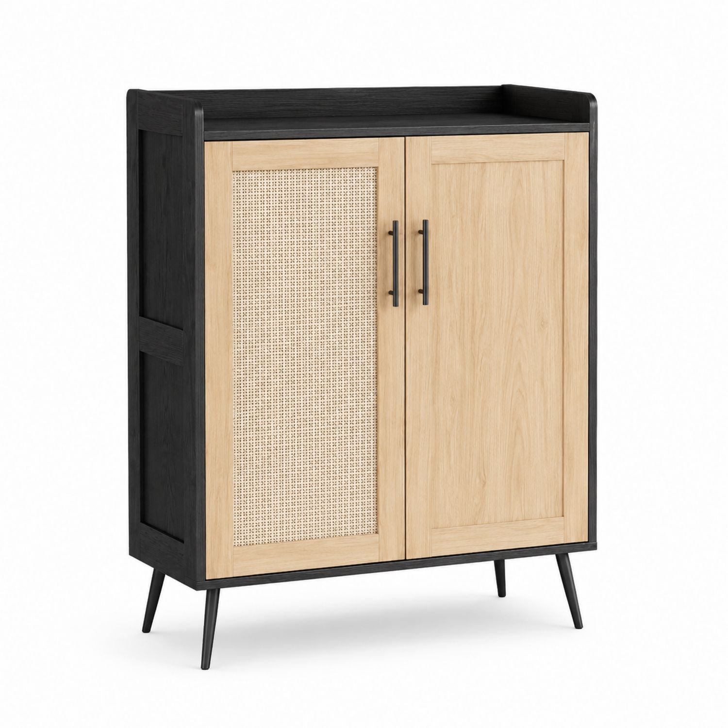 Armario zapatero de madera y ratán con puertas, negro y natural-Zentrivoniel