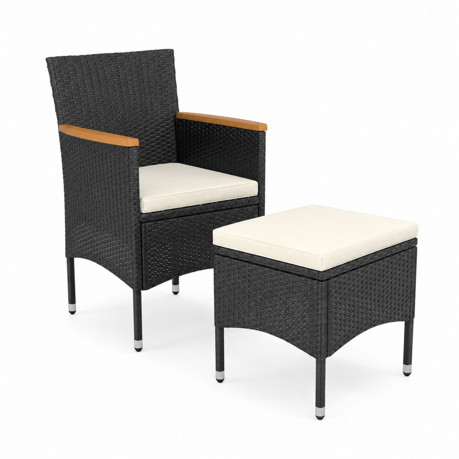 Conjunto de Silla y Reposapiés de Ratán Sintético Negro con Cojines Crema-Zentrivoniel
