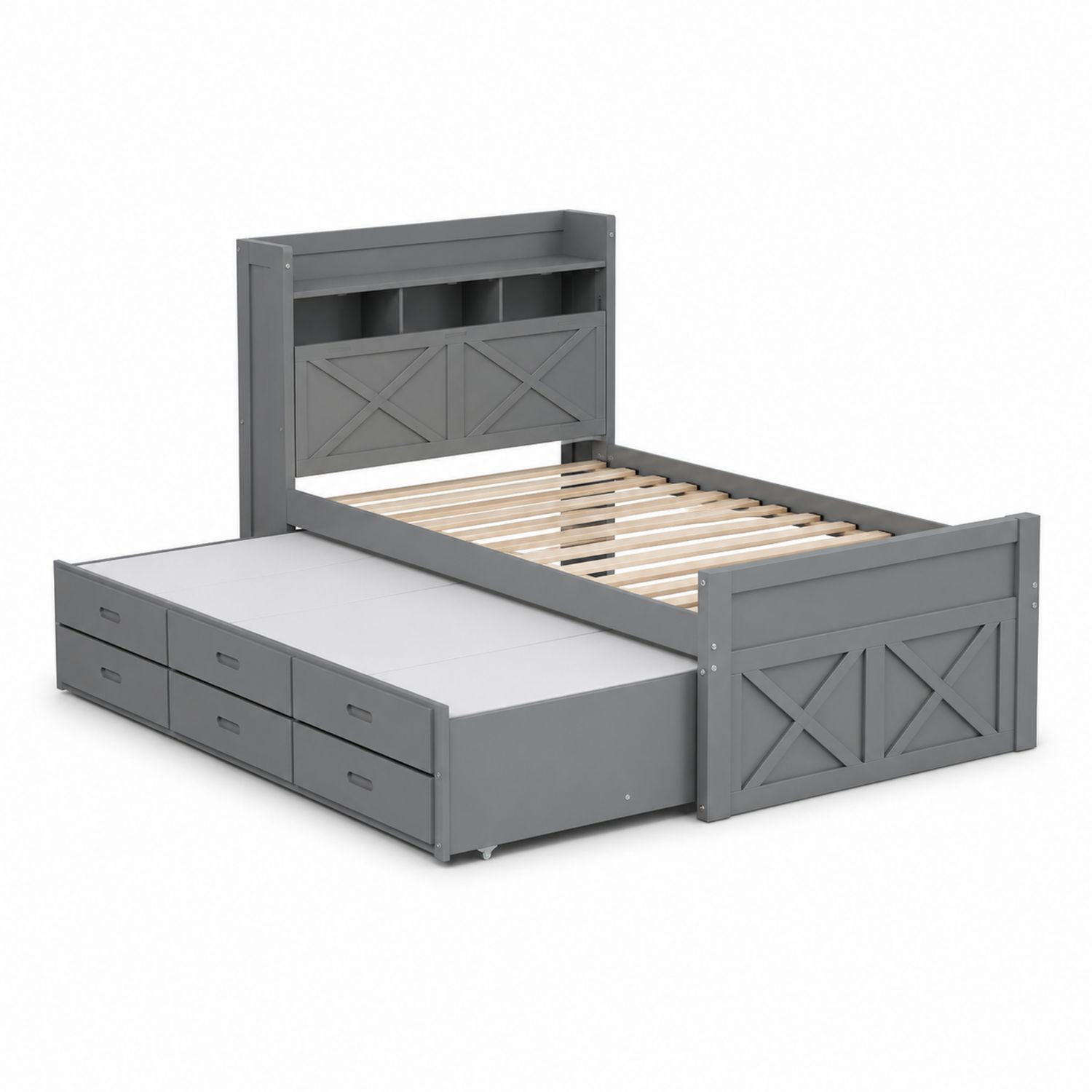 Cama de Madera con Cajones y Estantería Integrada Gris-Zentrivoniel