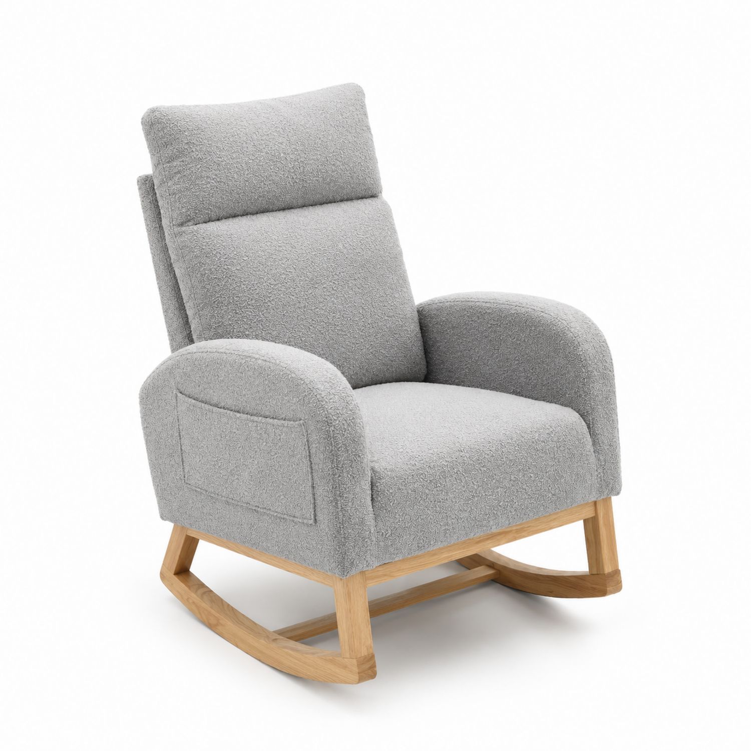 Sillón mecedora de tela bouclé gris con base de madera de roble-Zentrivoniel