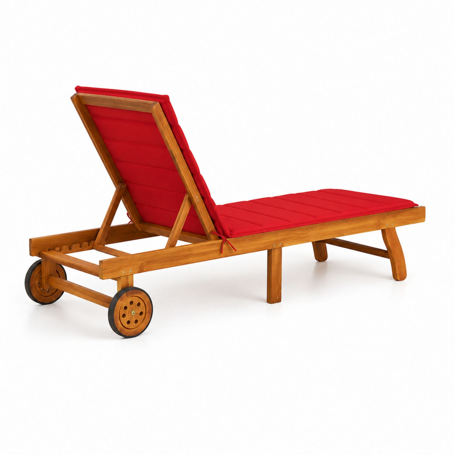 Tumbona de madera de acacia con cojín rojo y ruedas-Zentrivoniel
