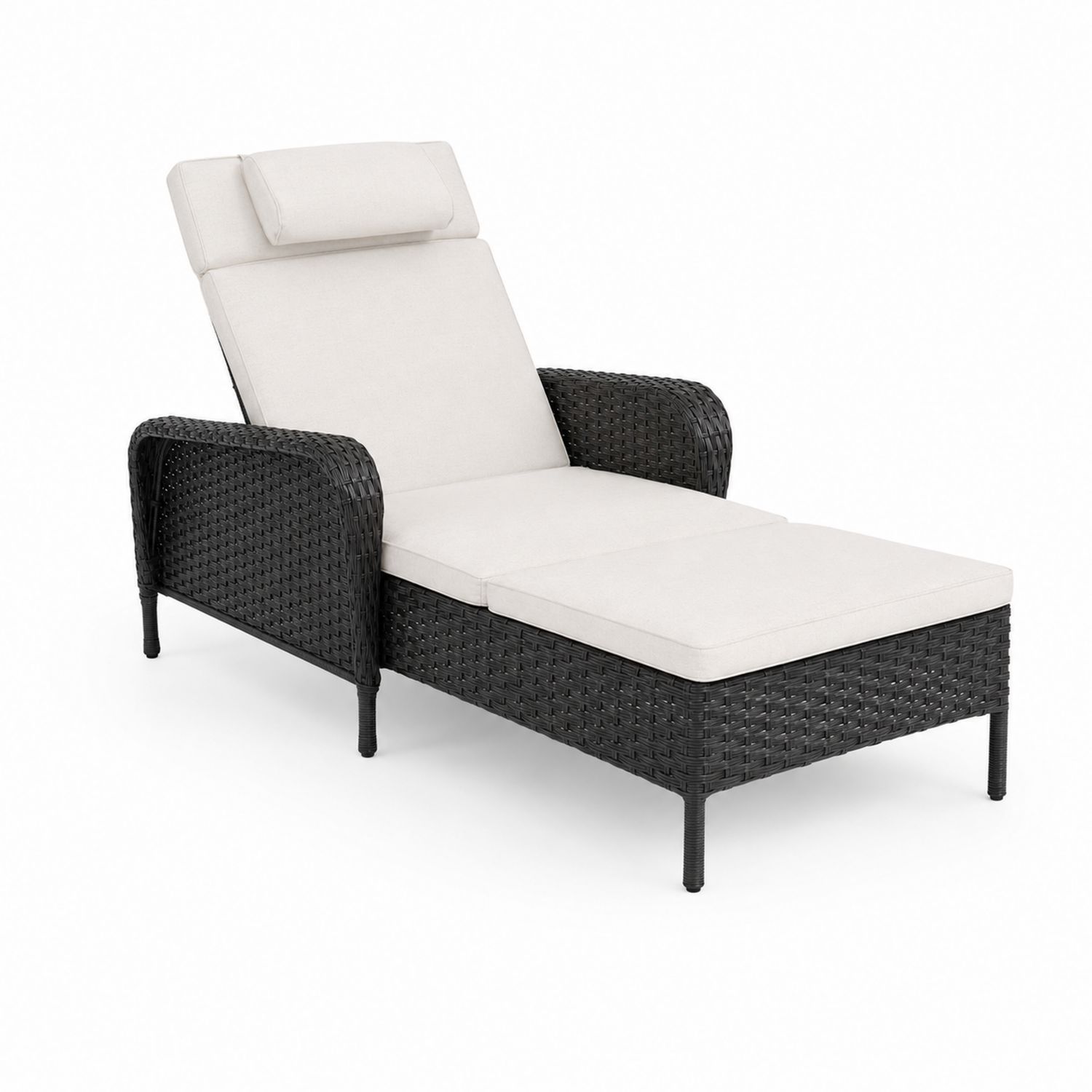 Tumbona de ratán sintético negro y cojines beige 195x65x38 cm-Zentrivoniel
