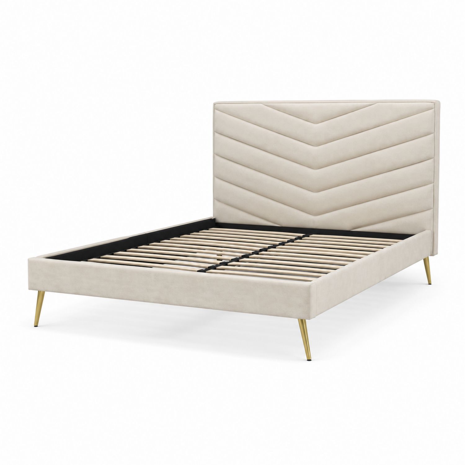 Cama de Terciopelo Crema con Cabecera Acolchada y Patas de Metal Dorado-Zentrivoniel