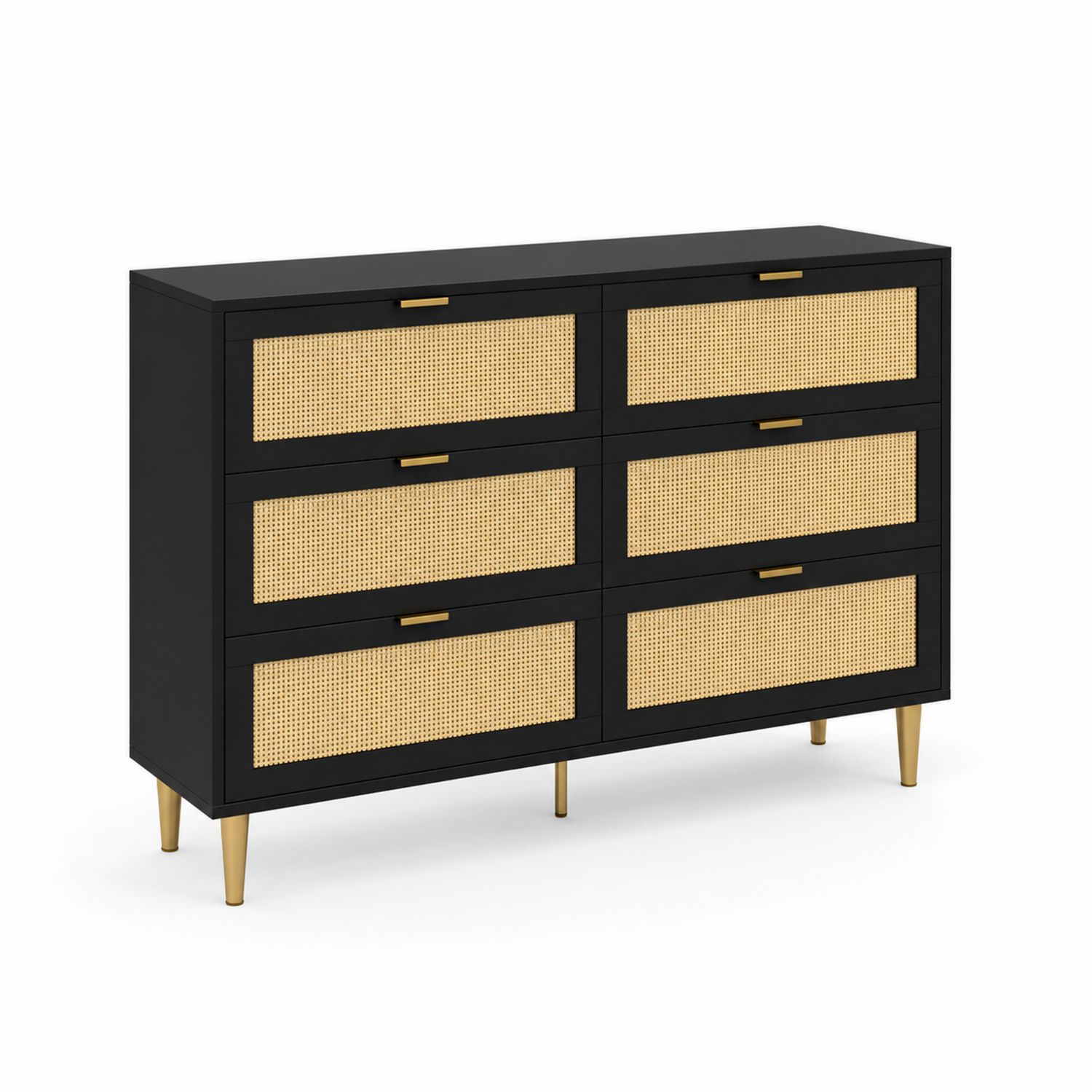 Cómoda de MDF con Ratán y 6 Cajones Negro/Beige-Zentrivoniel