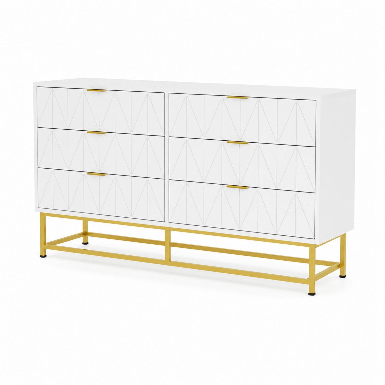 Cómoda de Madera con Base Metálica y Seis Cajones Blancos y Dorados-Zentrivoniel