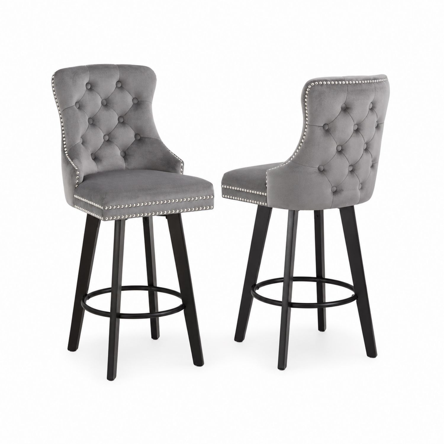 Sillas de bar de terciopelo gris con patas de madera-Zentrivoniel