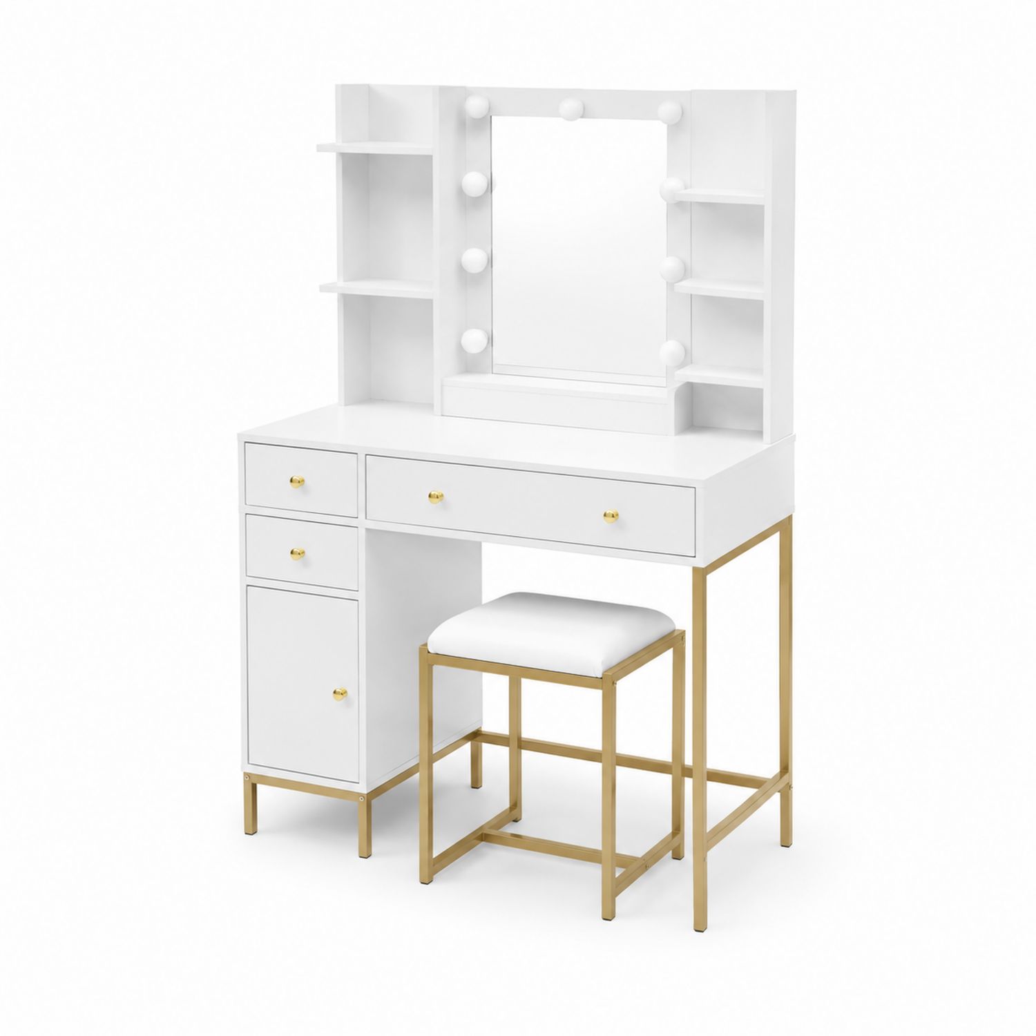 Tocador blanco con espejo iluminado y taburete, MDF y metal-Zentrivoniel