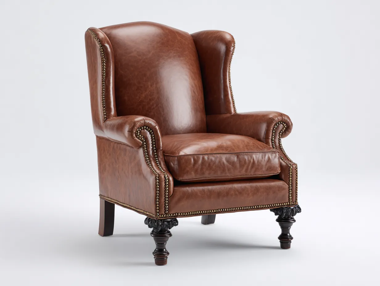 Fauteuil à oreilles-Cuir-Bois-91x93x116 cm-Marron cognac-Classique-Limoioloft
