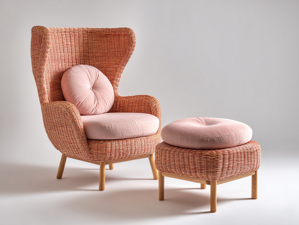 Fauteuil en rotin - Rotin-Textile-Bois - 88x86x123 cm - Rose-Naturel - Vintage avec repose-pieds-Limoioloft