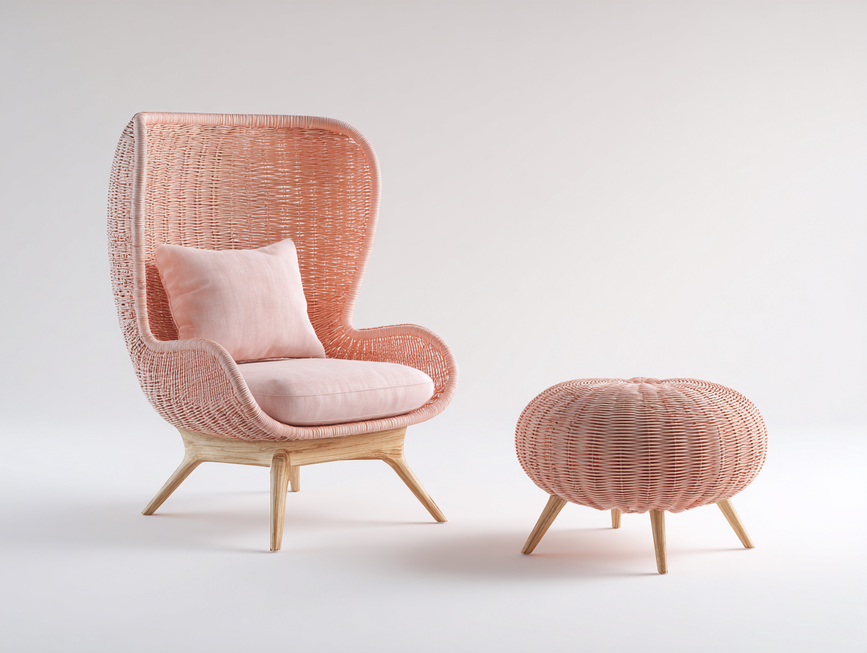Fauteuil en rotin - Rotin-Textile-Bois - 88x86x123 cm - Rose-Naturel - Vintage avec repose-pieds-Limoioloft