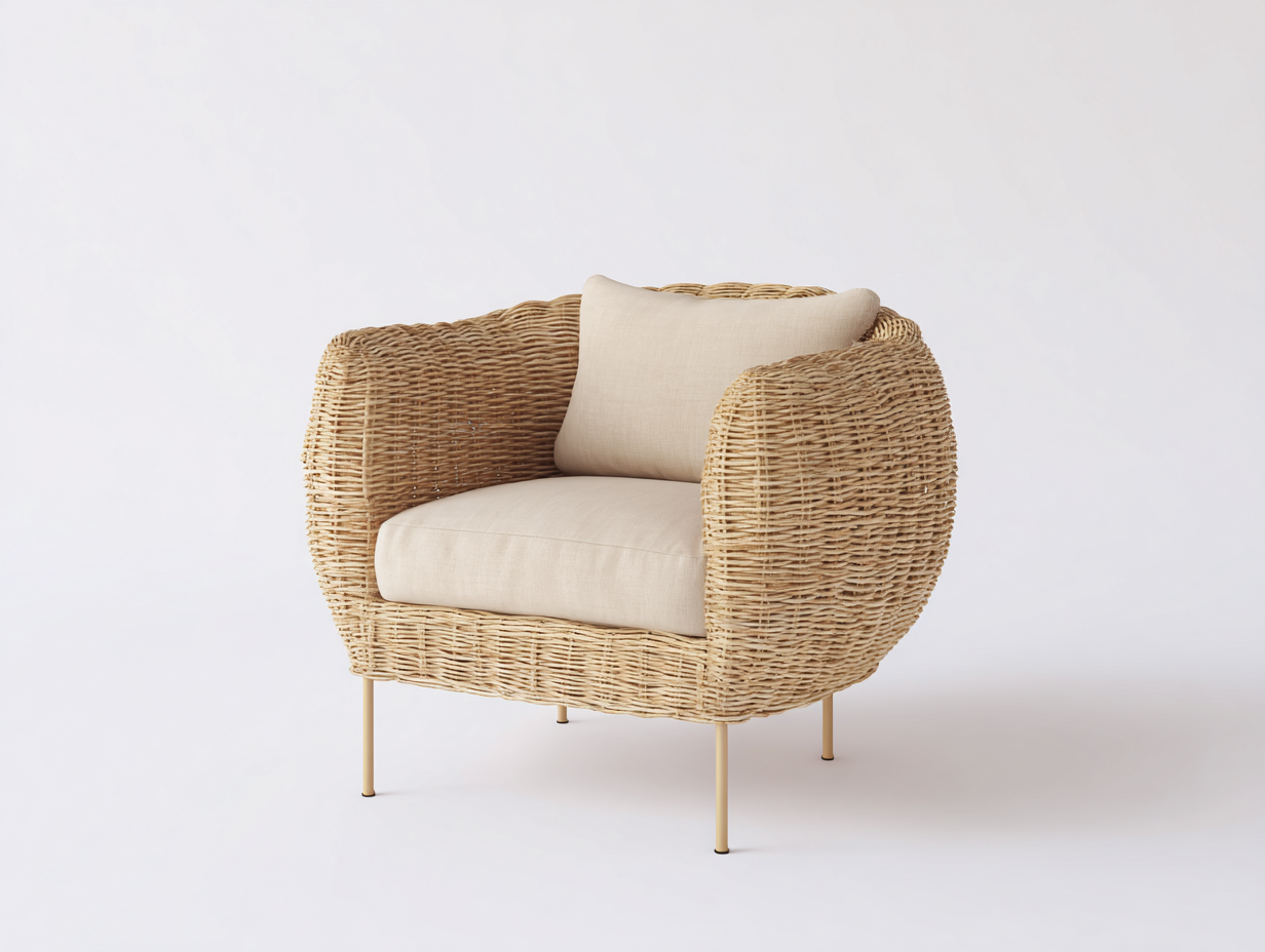 Fauteuil en rotin - Rotin-Textile-Métal - 88x84x78 cm - Naturel-Crème-Doré - Bohème moderne-Limoioloft