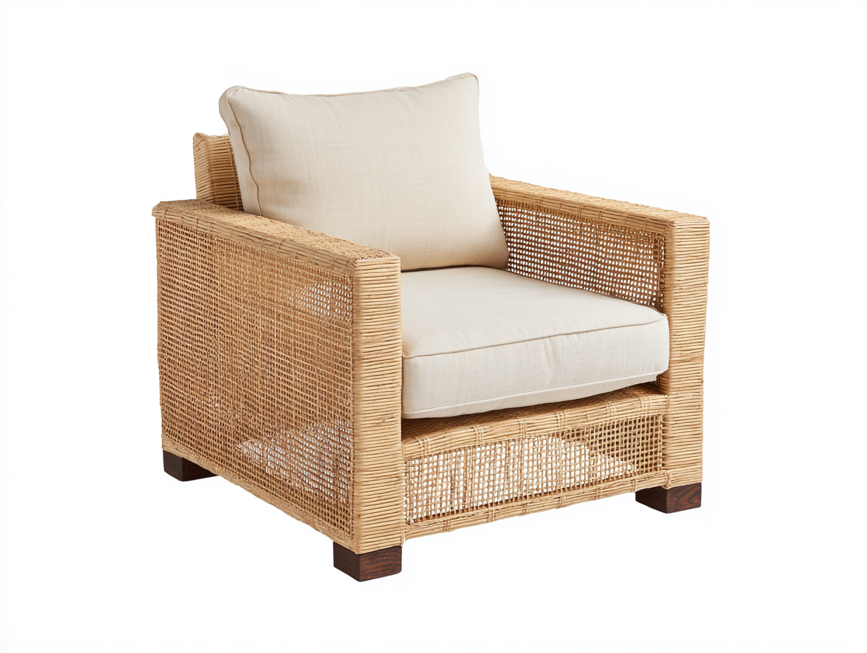 Fauteuil en rotin - Rotin-Textile-Bois - 94x86x76 cm - Naturel-Crème - Contemporain-Limoioloft