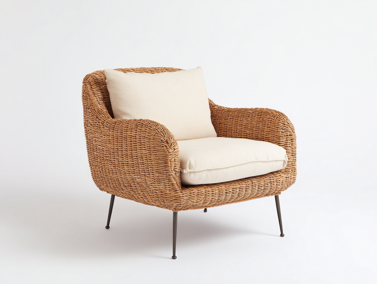 Fauteuil en rotin - Rotin-Textile-Métal - 88x82x78 cm - Naturel-Crème-Noir - Bohème compact-Limoioloft