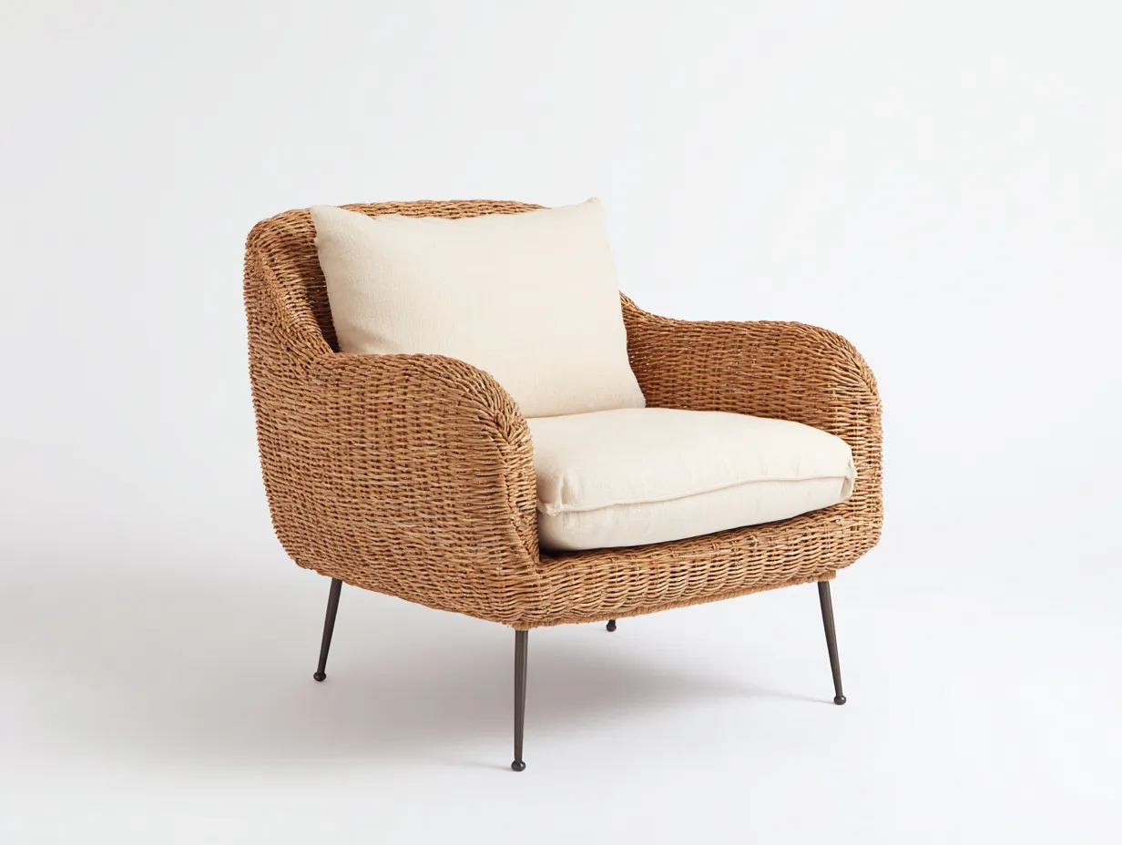 Fauteuil en rotin - Rotin-Textile-Métal - 88x82x78 cm - Naturel-Crème-Noir - Bohème compact-Limoioloft