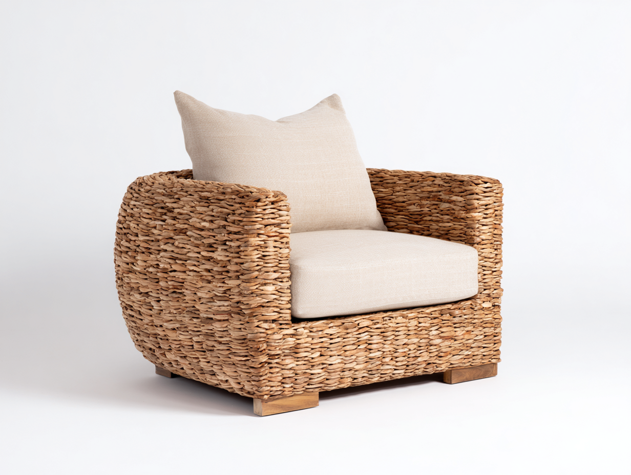 Fauteuil en rotin - Rotin-Textile-Bois - 100x90x78 cm - Naturel-Crème - Naturel compact-Limoioloft