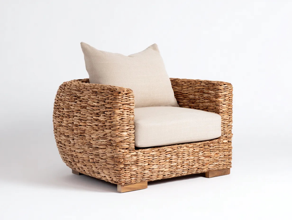 Fauteuil en rotin - Rotin-Textile-Bois - 100x90x78 cm - Naturel-Crème - Naturel compact-Limoioloft