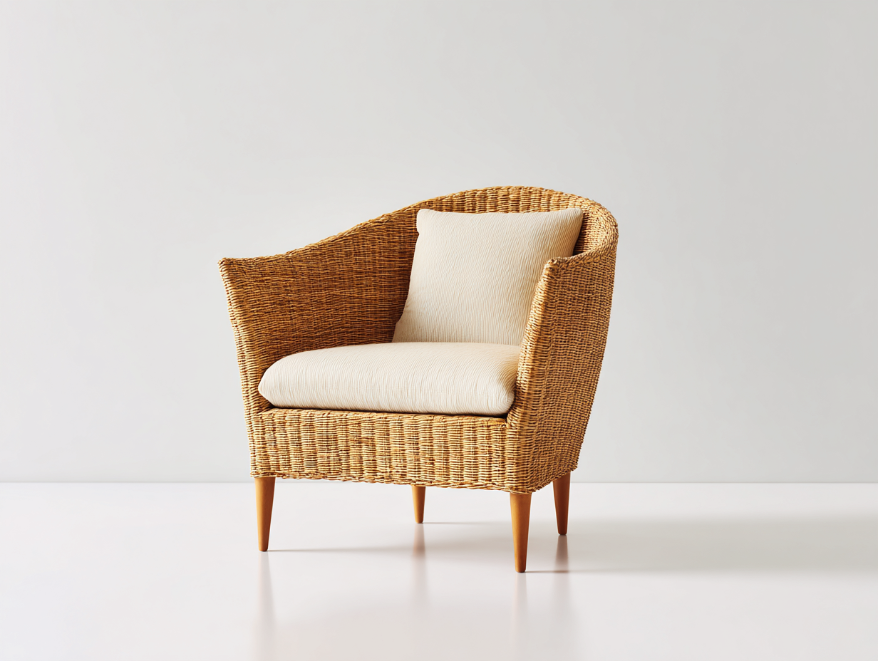 Fauteuil en rotin - Rotin-Textile-Bois - 82x78x82 cm - Naturel-Crème - Vintage léger-Limoioloft