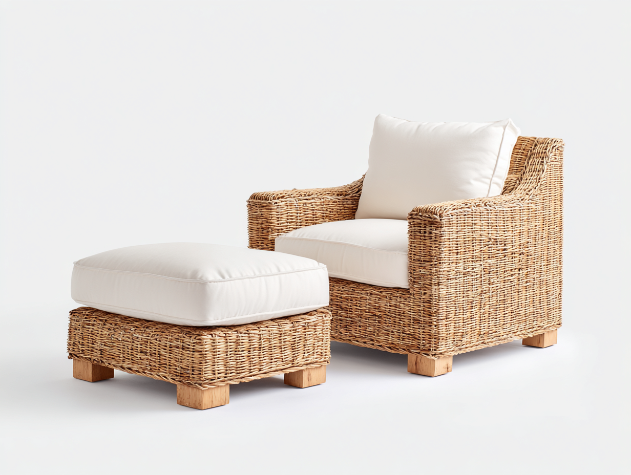 Fauteuil en rotin - Rotin-Textile-Bois - 96x88x80 cm - Naturel-Blanc cassé - Naturel avec repose-pieds-Limoioloft