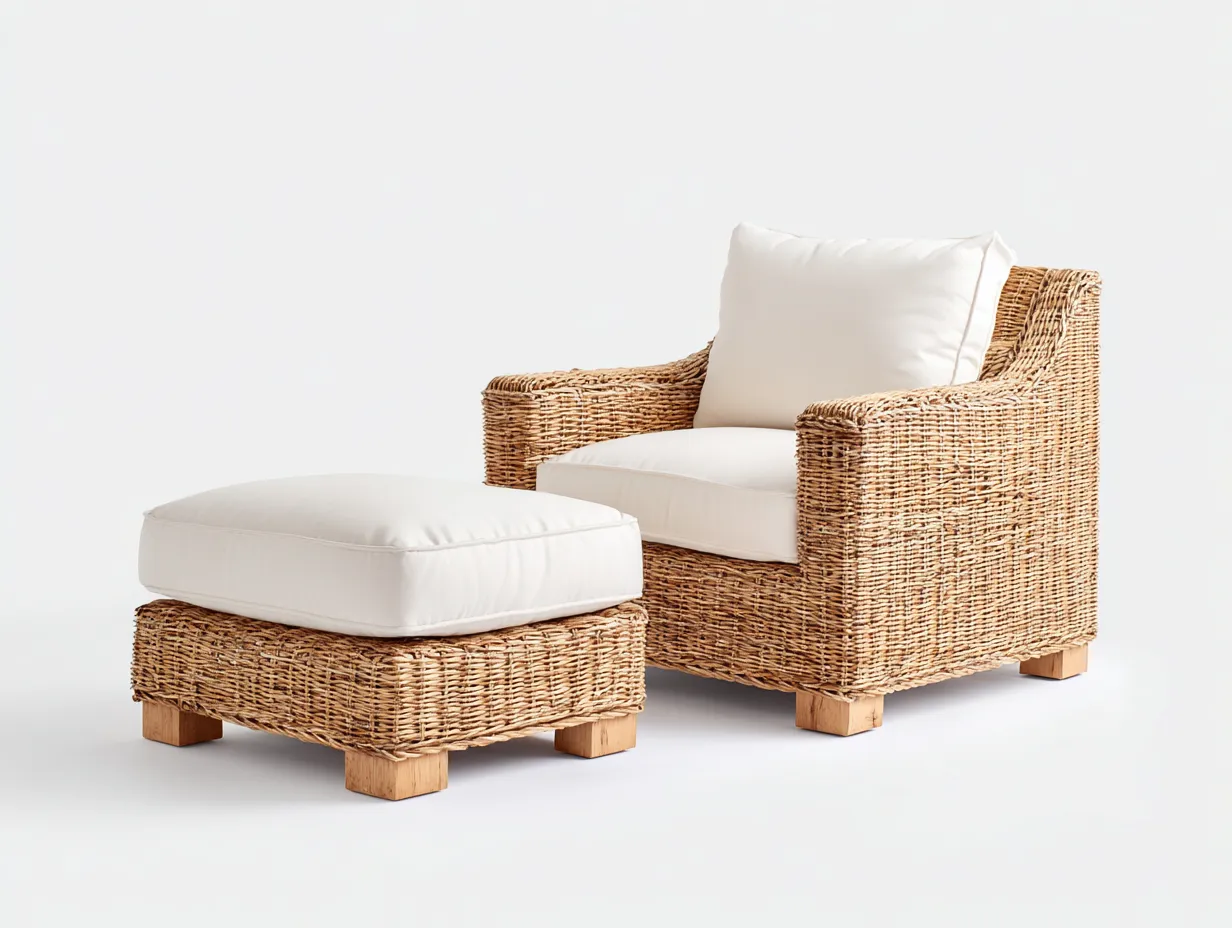 Fauteuil en rotin - Rotin-Textile-Bois - 96x88x80 cm - Naturel-Blanc cassé - Naturel avec repose-pieds-Limoioloft