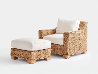 Fauteuil en rotin - Rotin-Textile-Bois - 96x88x80 cm - Naturel-Blanc cassé - Naturel avec repose-pieds-Limoioloft