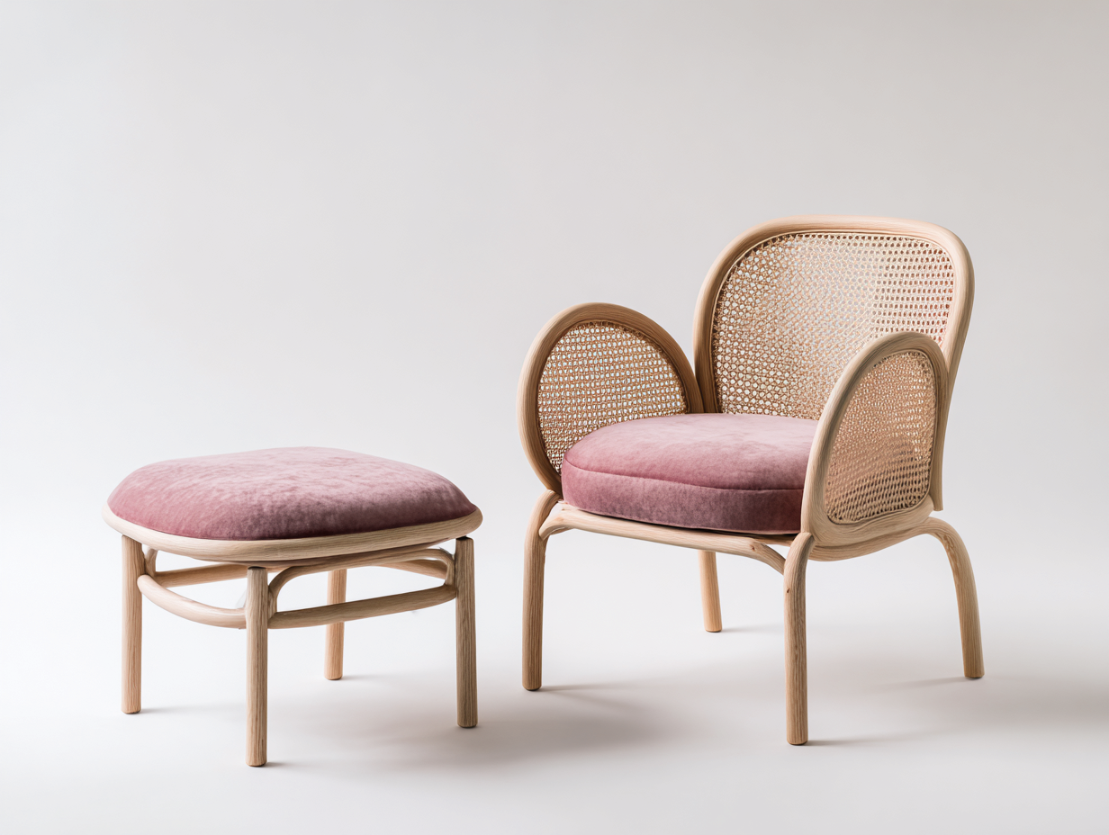 Fauteuil en rotin - Rotin-Textile-Bois - 82x76x94 cm - Naturel-Rose poudré - Élégant avec repose-pieds-Limoioloft
