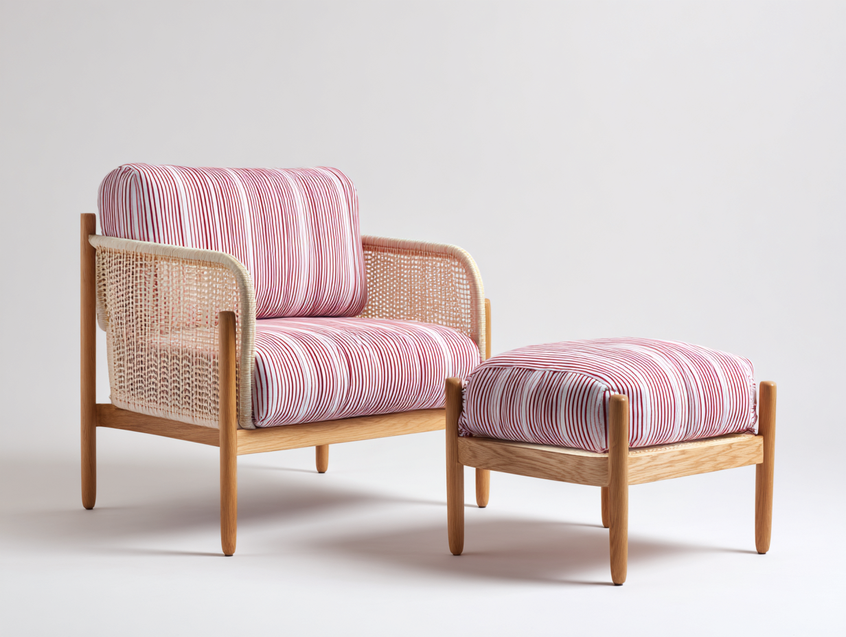 Fauteuil en rotin - Rotin-Textile-Bois - 82x78x82 cm - Naturel-Rose-Blanc - Léger avec repose-pieds-Limoioloft