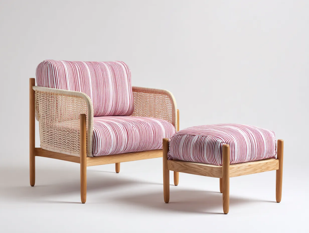 Fauteuil en rotin - Rotin-Textile-Bois - 82x78x82 cm - Naturel-Rose-Blanc - Léger avec repose-pieds-Limoioloft