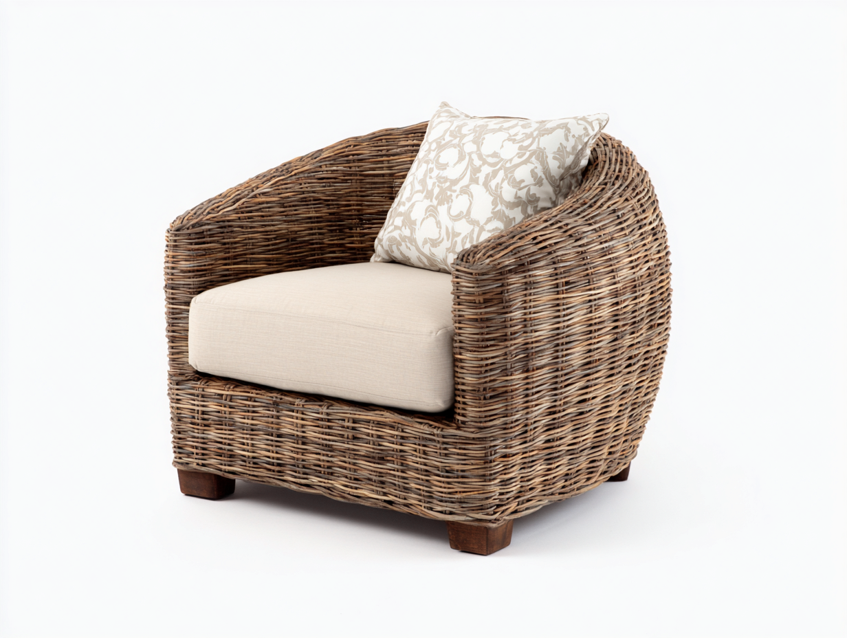 Fauteuil en rotin - Rotin-Textile-Bois - 106x92x74 cm - Naturel-Crème - Bohème arrondi-Limoioloft