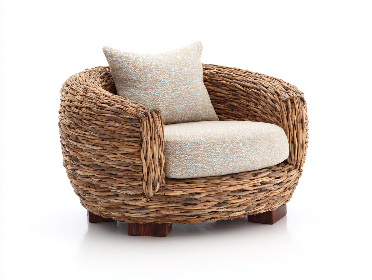 Fauteuil en rotin - Rotin-Textile-Bois - 108x92x74 cm - Naturel-Crème - Bohème arrondi-Limoioloft