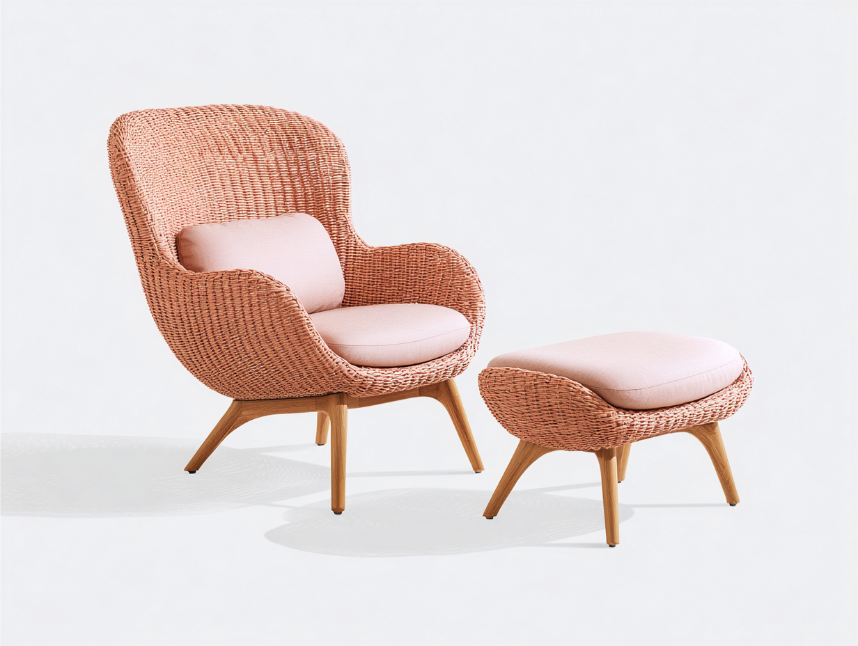 Fauteuil en rotin - Rotin-Textile-Bois - 88x84x101 cm - Rose-Naturel - Moderne avec repose-pieds-Limoioloft