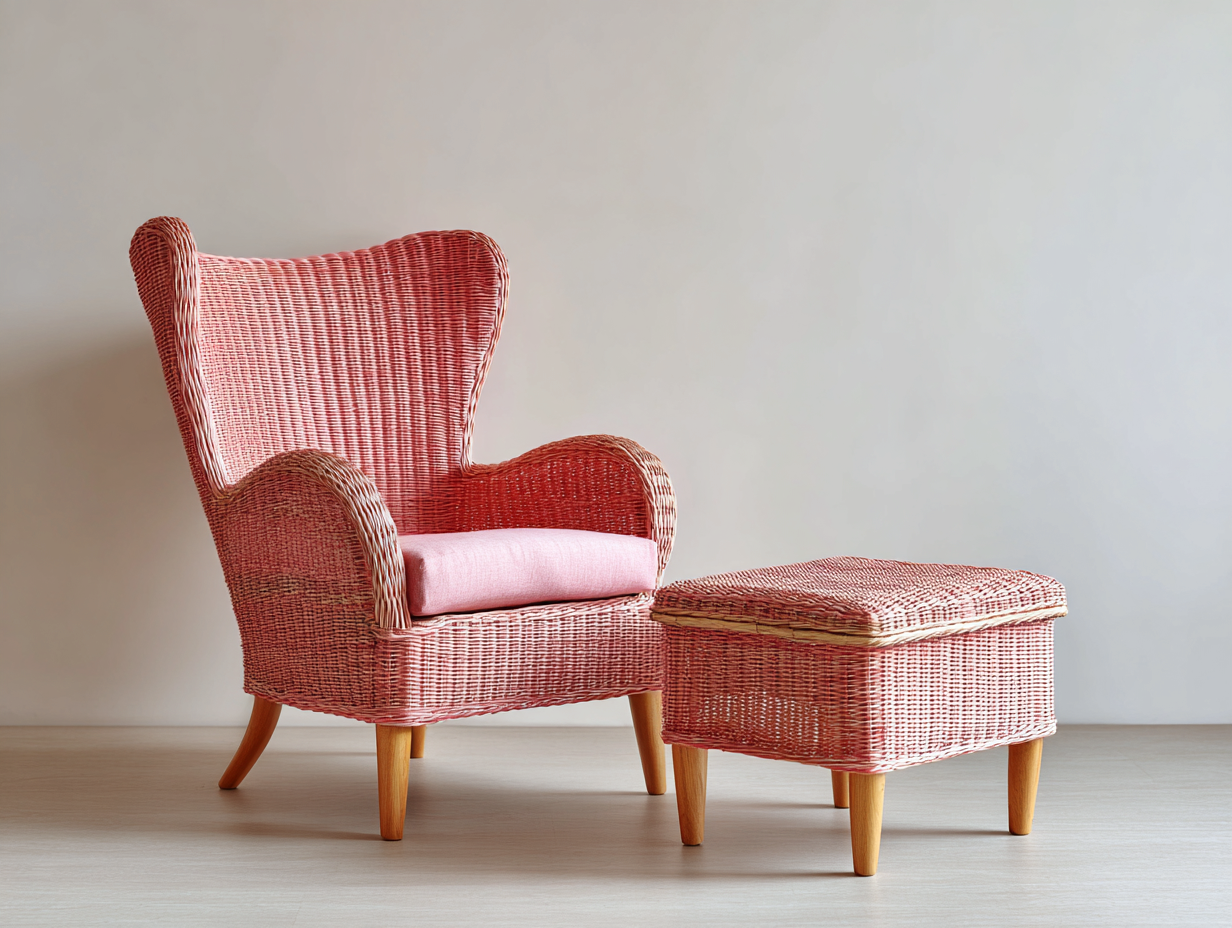 Fauteuil en rotin - Rotin-Textile-Bois - 88x86x123 cm - Rose-Naturel - Vintage avec repose-pieds-Limoioloft