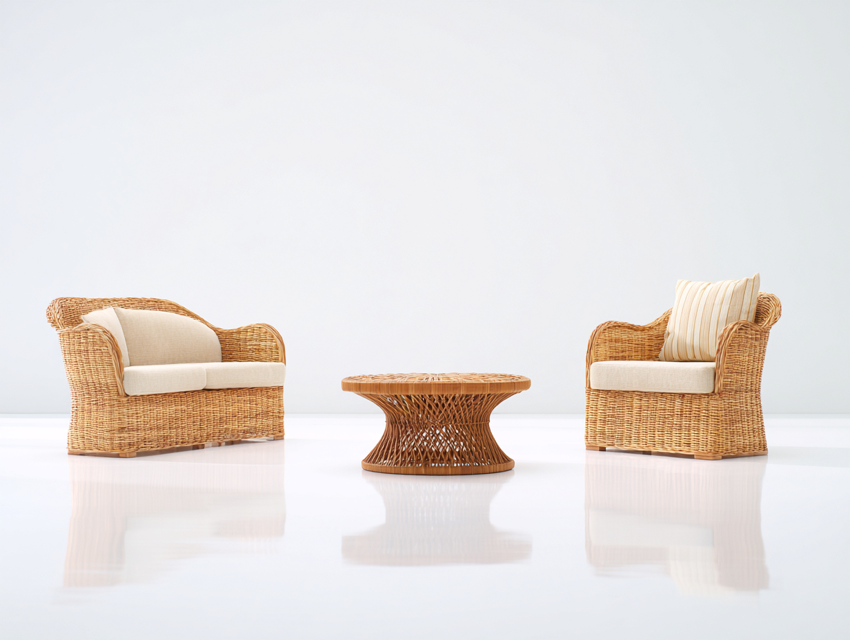Salon de jardin pour terrasse - rotin-tissu - 124x68x72 cm - naturel-beige - style bohème-Limoioloft