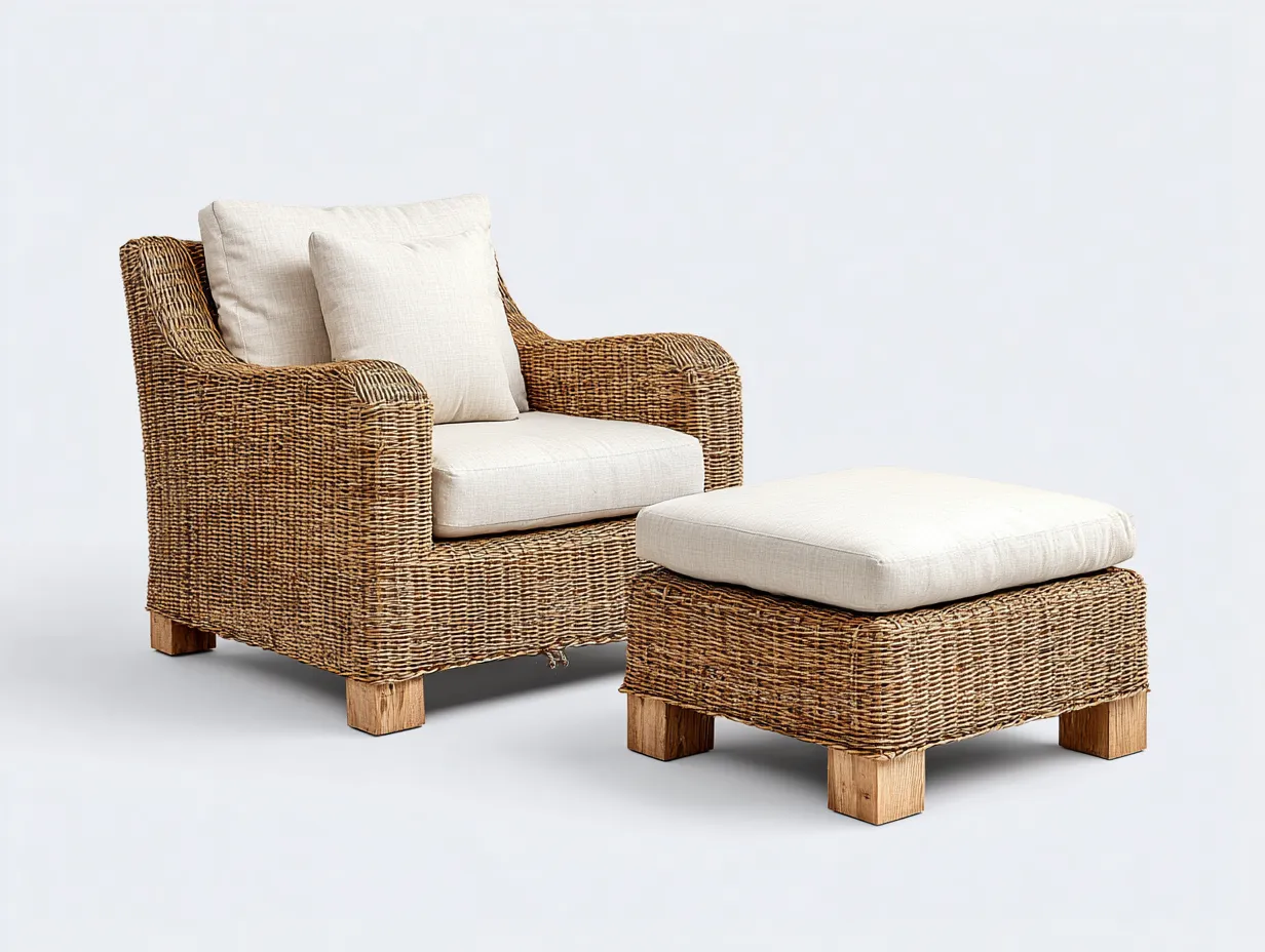 Fauteuil en rotin - Rotin-Textile-Bois - 98x90x82 cm - Naturel-Crème - Rustique avec repose-pieds-Limoioloft