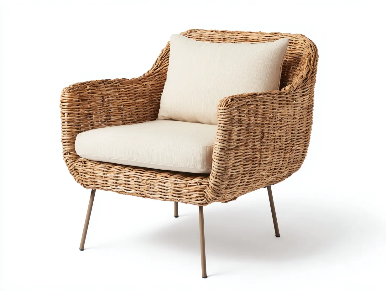 Fauteuil en rotin - Rotin-Textile-Métal - 90x80x82 cm - Naturel-Crème-Doré - Naturel enveloppant-Limoioloft
