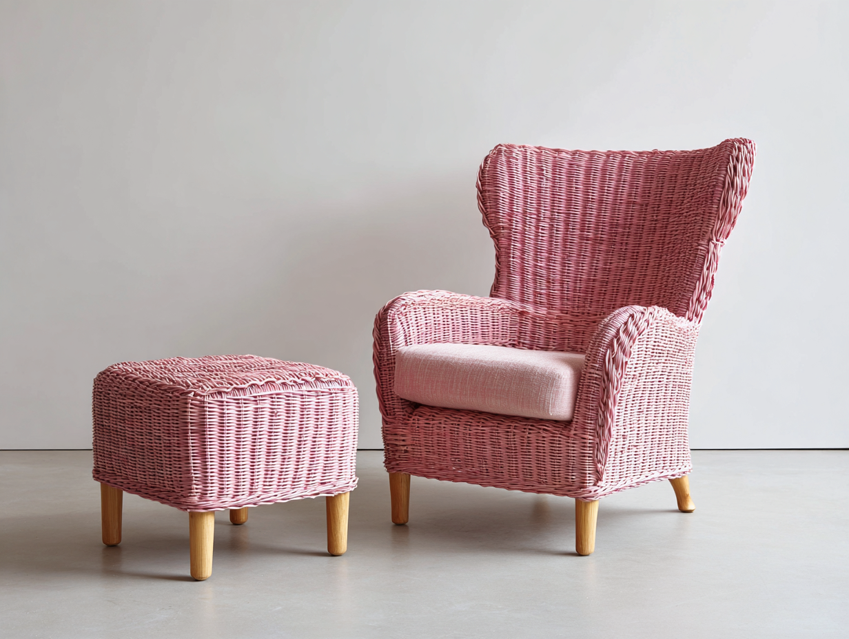 Fauteuil en rotin - Rotin-Textile-Bois - 86x84x112 cm - Rose-Naturel - Rétro avec repose-pieds-Limoioloft