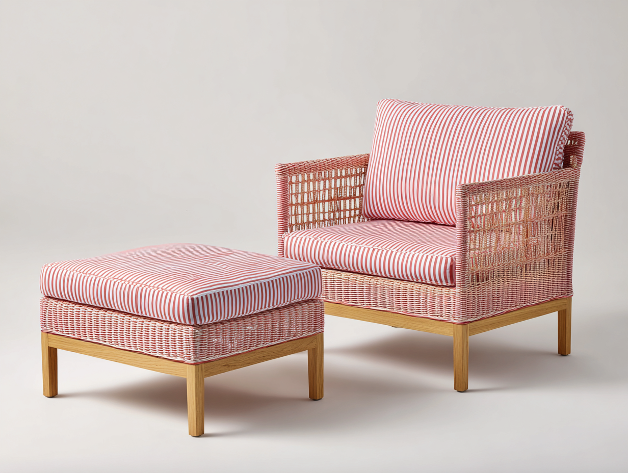 Fauteuil en rotin - Rotin-Textile-Bois - 84x80x82 cm - Rose-Naturel-Blanc - Contemporain avec repose-pieds-Limoioloft