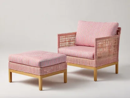 Fauteuil en rotin - Rotin-Textile-Bois - 84x80x82 cm - Rose-Naturel-Blanc - Contemporain avec repose-pieds-Limoioloft