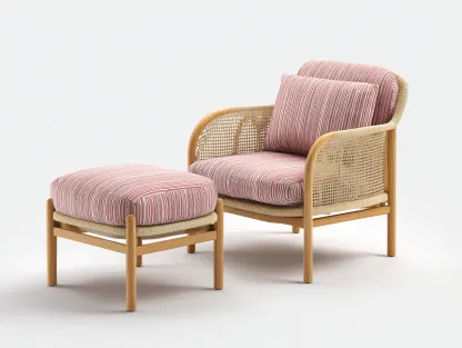 Fauteuil en rotin - Rotin-Textile-Bois - 84x80x82 cm - Naturel-Rose-Blanc - Moderne avec repose-pieds-Limoioloft