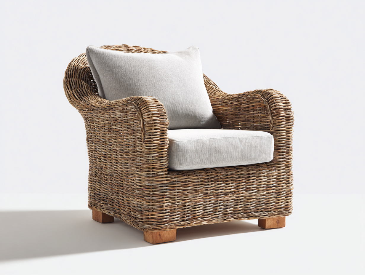 Fauteuil en rotin - Rotin-Textile-Bois - 102x90x82 cm - Naturel-Grège - Campagne-Limoioloft