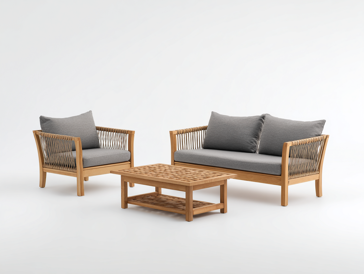 Salon de jardin pour terrasse - bois-tissu-corde - 185x78x72 cm - naturel-gris - style contemporain-Limoioloft