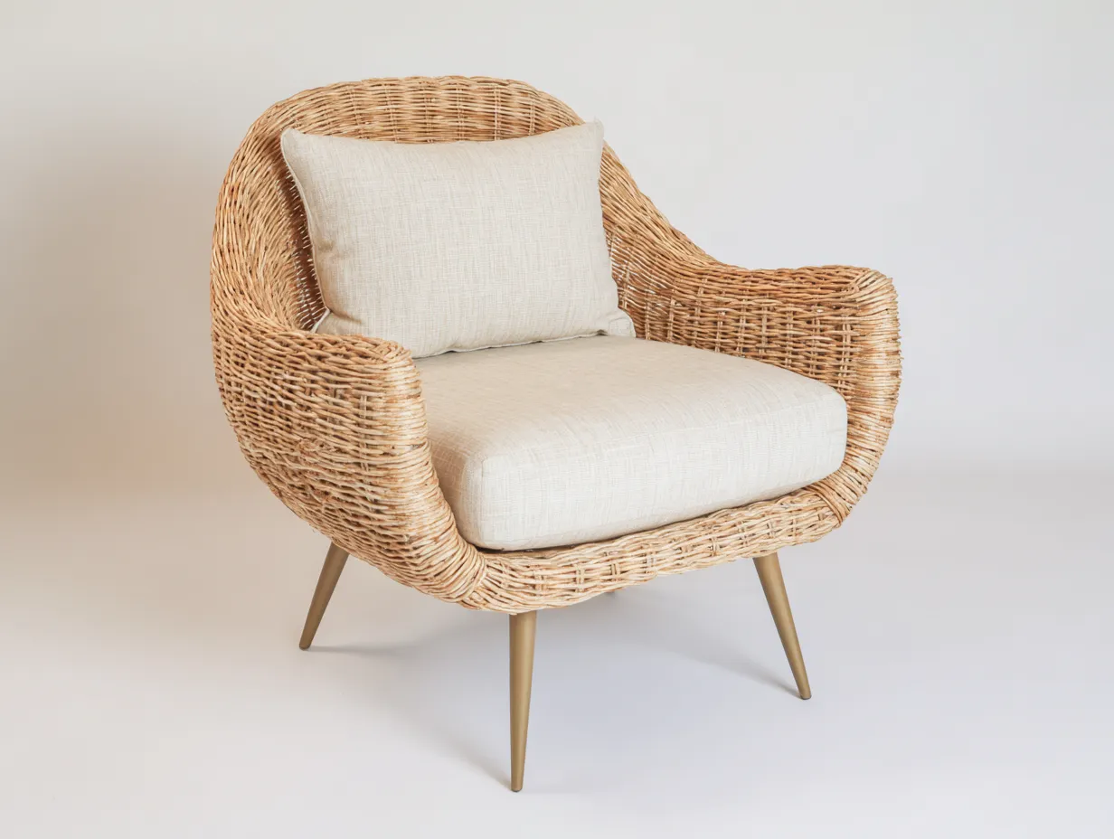 Fauteuil en rotin - Rotin-Textile-Bois - 76x74x78 cm - Naturel-Crème - Classique courbé-Limoioloft