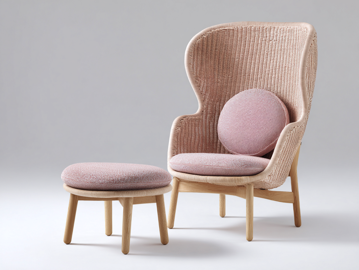 Fauteuil en rotin - Rotin-Textile-Bois - 88x84x116 cm - Naturel-Rose poudré - Vintage avec repose-pieds-Limoioloft