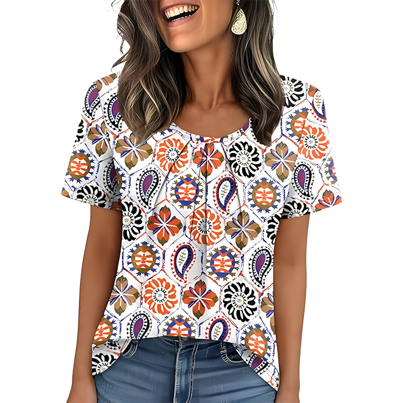 Woman Casual Front Pleated Crew Neck Short Sleeve Tshirt