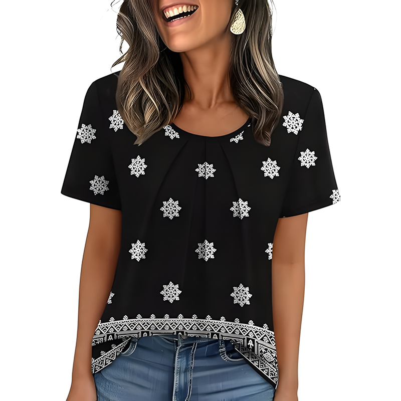 Woman Casual Front Pleated Crew Neck Short Sleeve Tshirt